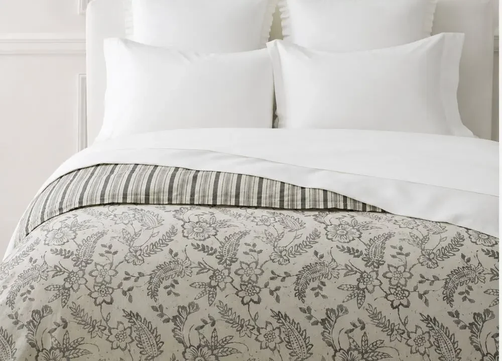Ralph Lauren Queen Duvet Cover Sara Cotton Paisley Striped White Grey